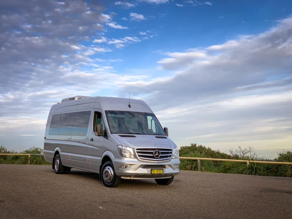 Luxury Billiant Silver Mercedes Sprinter Travel min-bus at Sunset.  Balgowlah Heights Sydney